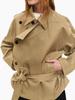 American Short Lapel Trench Coat: High-End Waist-Defining Double-Breasted Loose Long Sleeve Jacket for Women