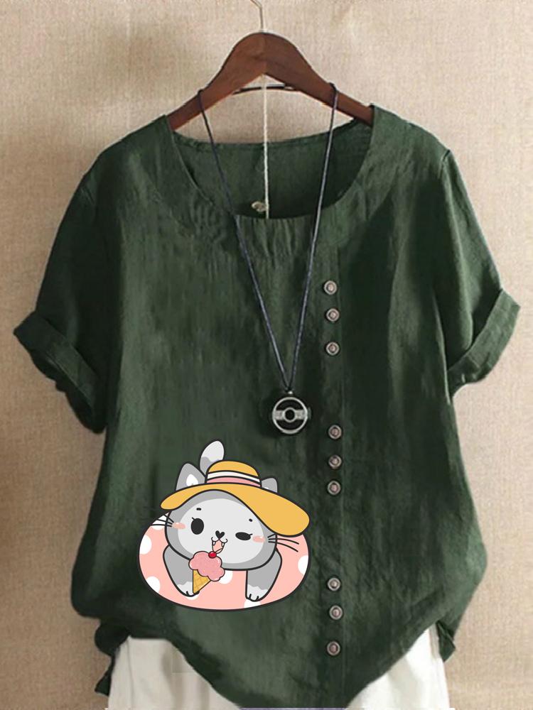 Women's Fashion Cat Print Shot Sleeve T-shirt Loose Cotton Shirt Casual Loose Summer Blouse Tops Plus Size