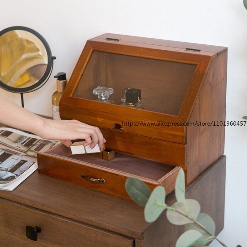 Wooden Vintage Notebook Storage Box With A Wooden Desktop And A Box For Organizing Sundries Cosmetics Water And Lotion