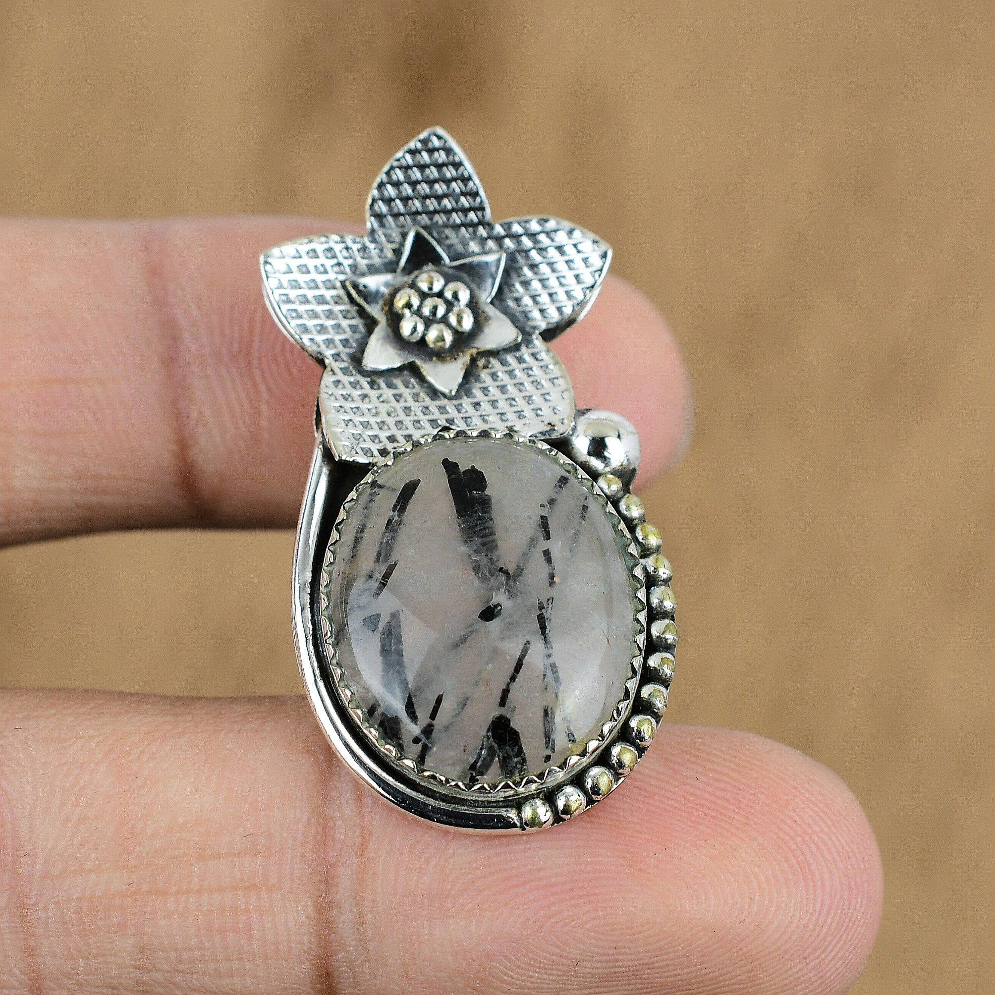 

Gift For Her 925 Sterling Silver Natural Black Rutile Gemstone Pendant Flower