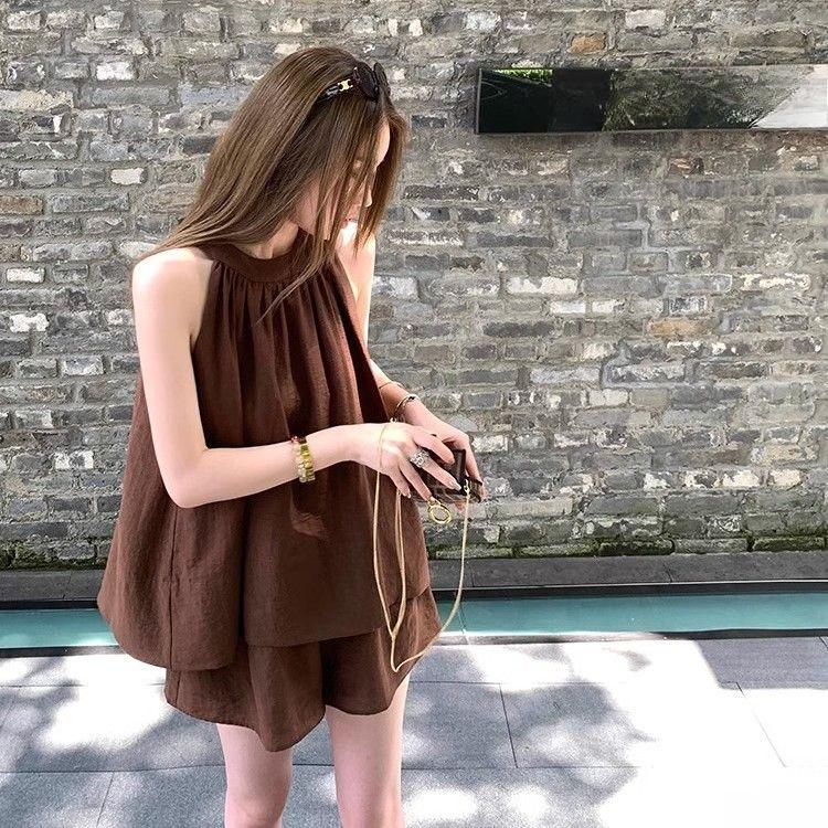 Summer Casual Sleeveless Off Shoulder Tie Front Crop Top and Shorts Two Piece Set Cover Tummy