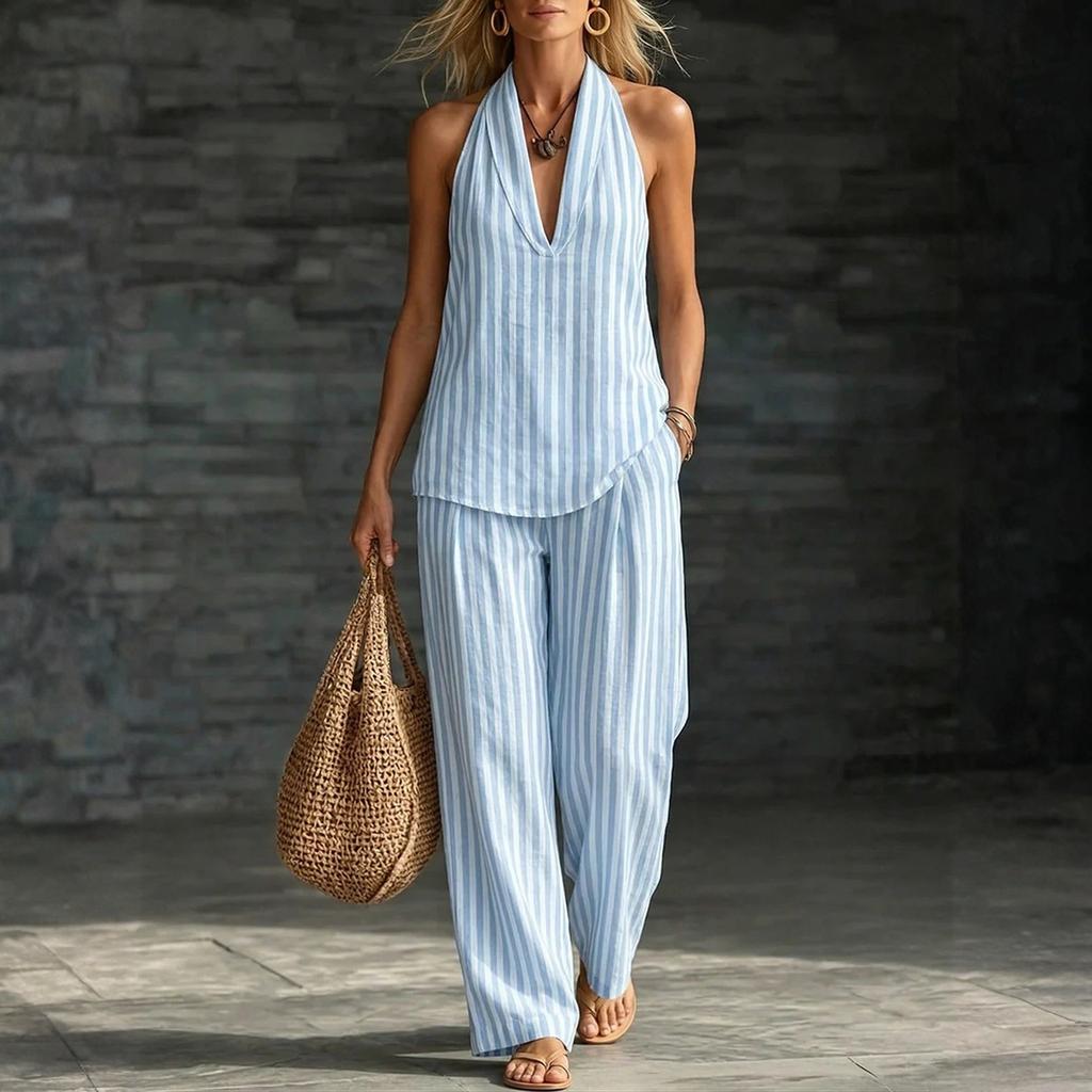 Ladies' Casual Striped Linen V-neck Sleeveless Top, Wide Leg Pants Set