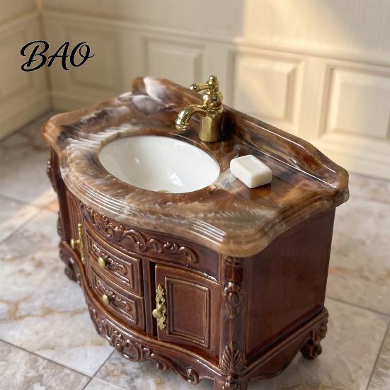 Miniature Bathroom Furniture Doll Mansion Sink Cabinet with Vanity Mirror, 1/12 Scale Mirror Miniature, Tiny Victorian for House Decoration