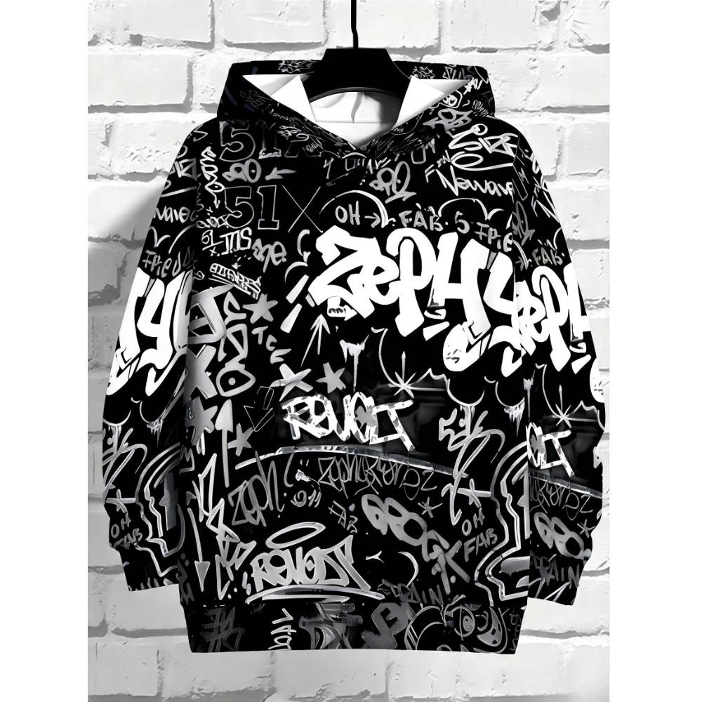 European And American Men's Autumn Gothic Letter Graffiti Print Soft and Comfortable Hooded Sweatshirt Outdoor Street Top
