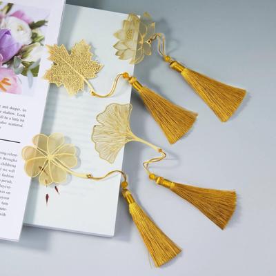 1 pz segnalibro in metallo con venature a foglia di loto, stile cinese, segnalibri creativi, ciondolo con nappa, regalo per studenti, nappa in ottone, cancelleria scolastica