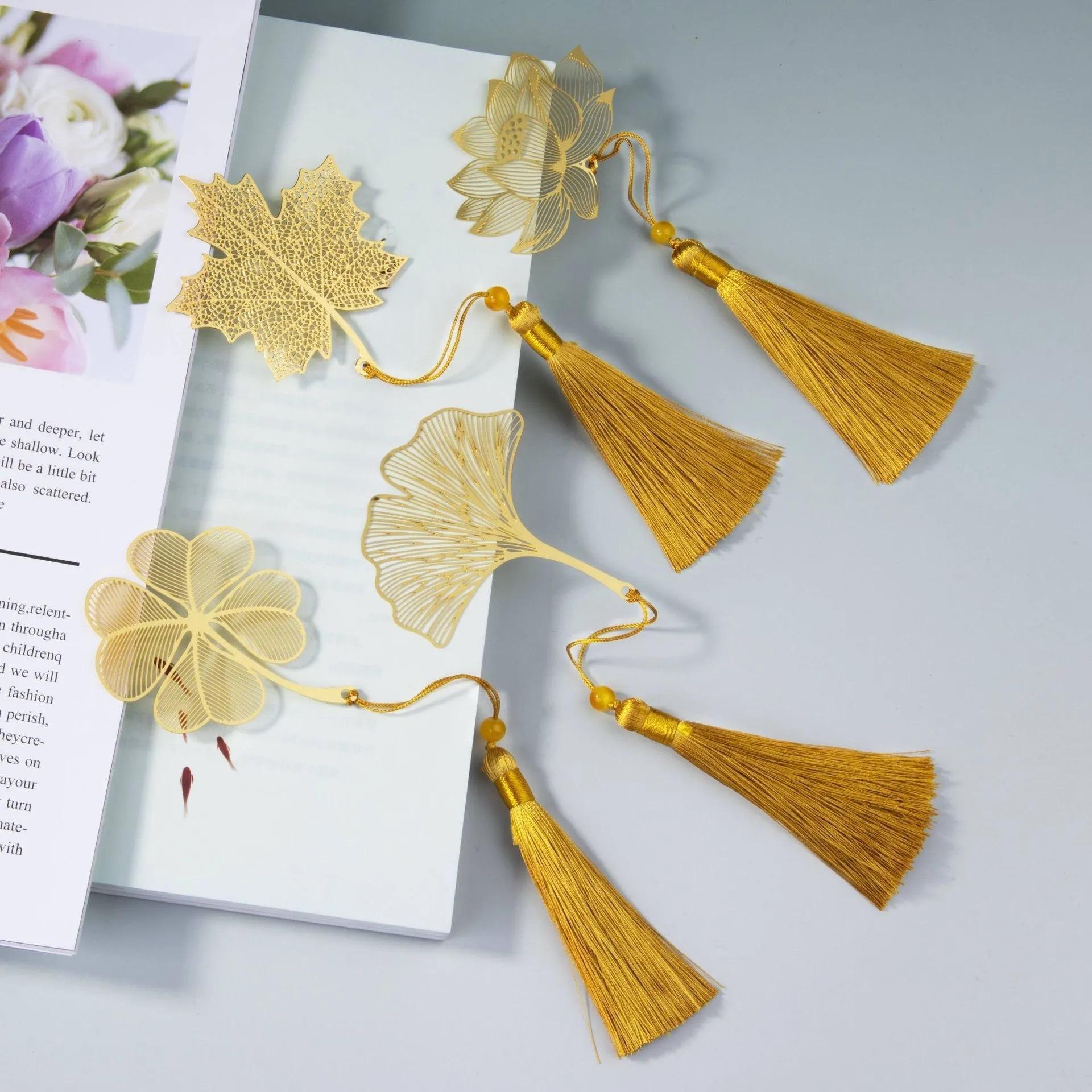 Mango Event 1Pc Lotus Leaf Vein Metal Bookmark Chinese Style Creative Bookmarks Tassel Pendant Student Gift Brass Tassel School Stationery