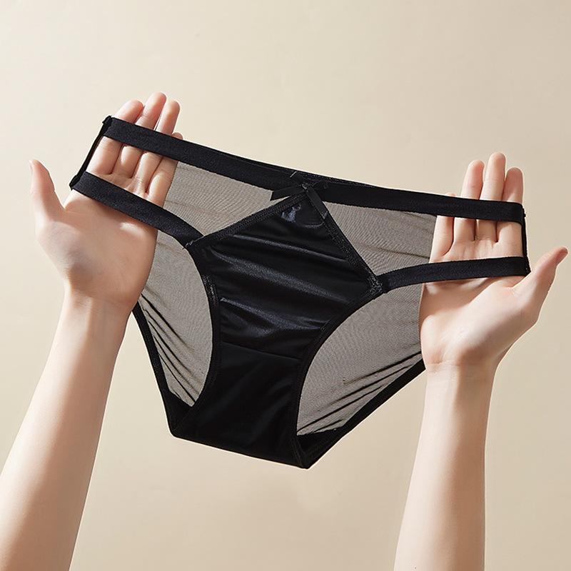 Female Summer Sexy Lace Mesh Satin Transparent Without Trace Cotton Crotch Low Waist Triangle Briefs