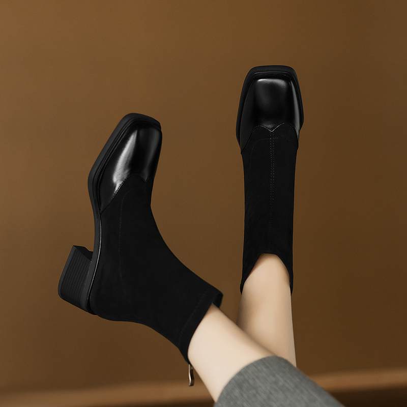 Krazing Pot Microfiber Flock Winter Square Toe Modern Size 33 Boots Size 43 Zipper KPOP Style Fashion Stretch Ankle Boots