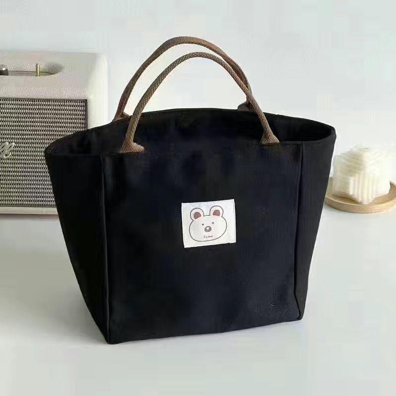 Women'S Japanese Canvas Handheld Cartoon Bear Patch Pattern Zipper Closure Large Capacity Simple Full Set Lunch Bag