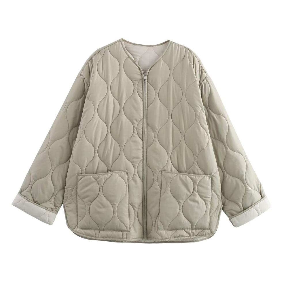 Jesień/Zima Produkt Moda Casual Damski Okrągły Dekolt Podwinięty Brzeg Długi Rękaw Zamek Bawełniana Kurtka Płaszcz