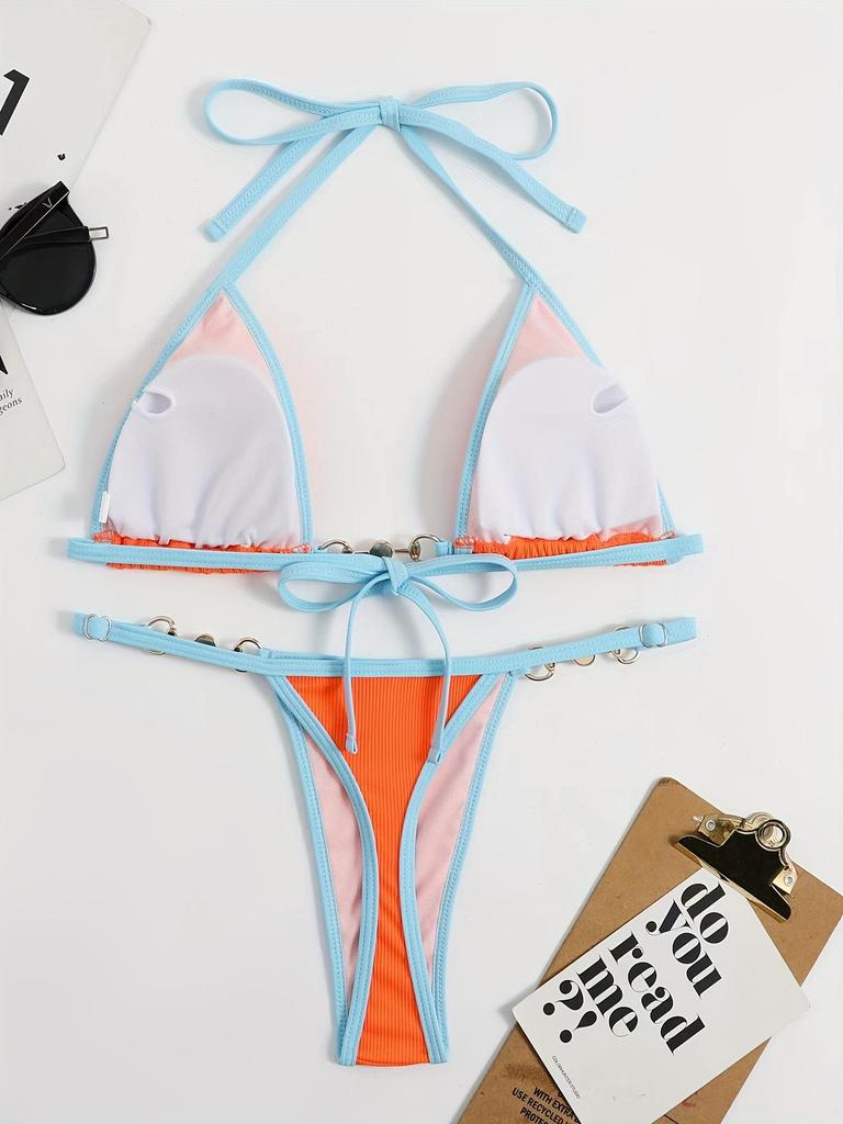 Colorful Women's Backless Triangle Bikini Swimsuit - European and American Style