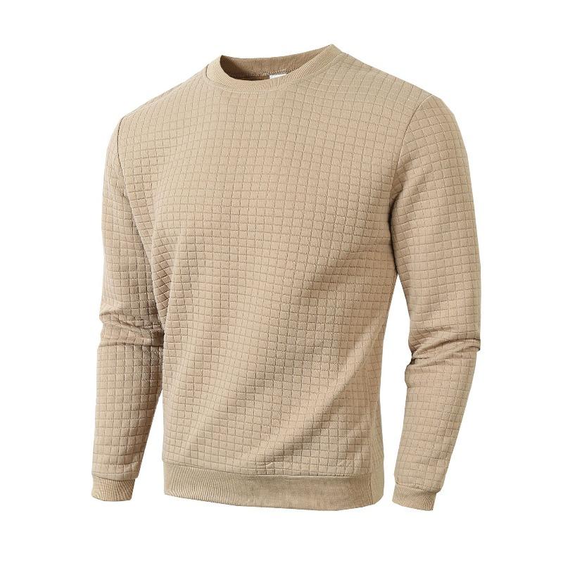 Men's Fall Winter Slim Fit Crew Neck Long Sleeve Sweatshirt, Solid Small Grid Pattern Casual Base Layer Pullover Tops