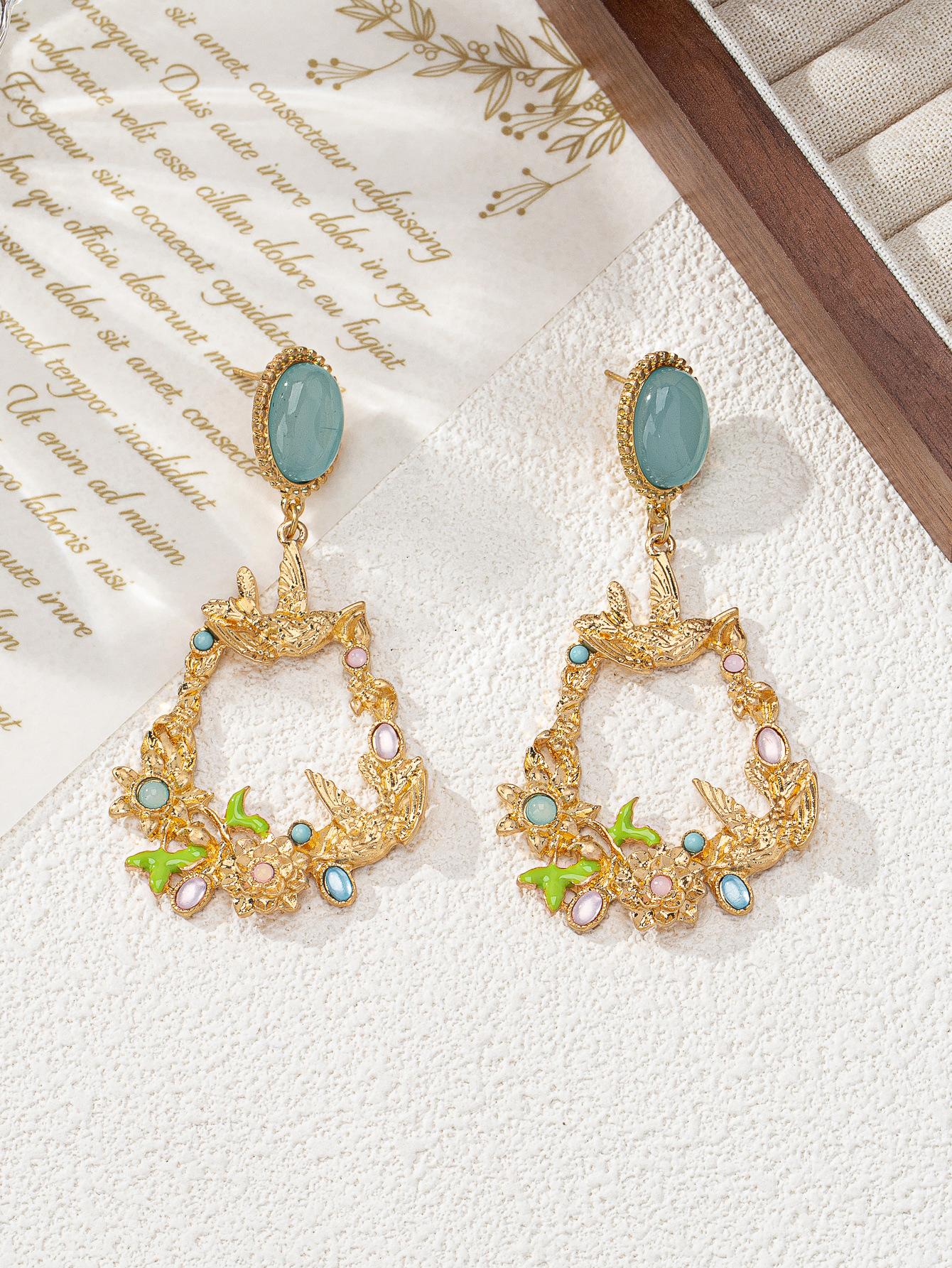 Серьги-пусеты овальные в темпераментном стиле, серьги-подвески с подвесками в виде птиц любви и цветочной корзины, изысканные трендовые серьги