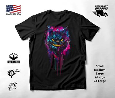 Fantasy Grinning Cat Neon Graphic T-Shirt Black Unisex S-2XL