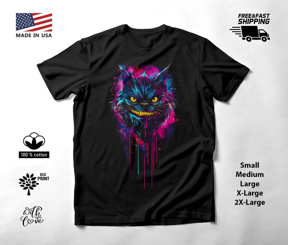 Fantasy Grinning Cat Neon Graphic T-Shirt Black Unisex S-2XL