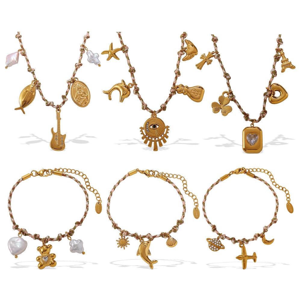 Vintage seaside style DIY freshwater pearl pendant bracelet stainless steel gold-plated ceramic pendant necklace female