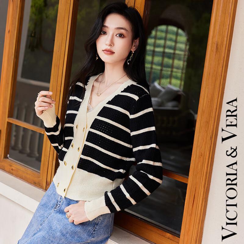 

VICTORIA&VERA Women s V-Neck Color Block Striped Knit Cardigan M