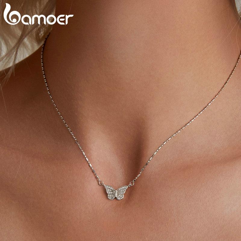 BAMOER Colier romantic cu pandantiv fluture din argint 925, lanț pentru gâtul insectelor, zirconiu cubic pentru femei, cadou de logodnă