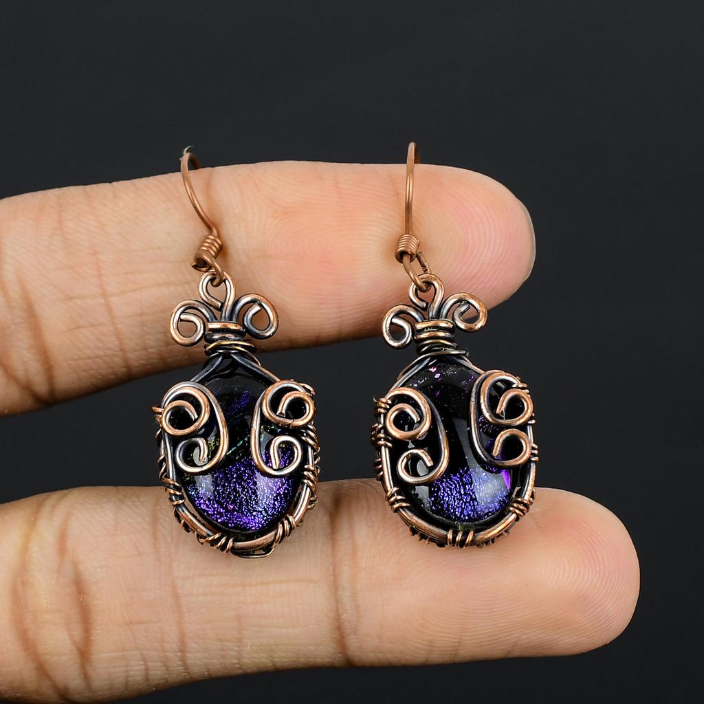 Dico Glass Earrings Gemstone Jewelry, 999 Copper Wire Wrapped Earrings, Handmade Beautiful Jewelry Earrings