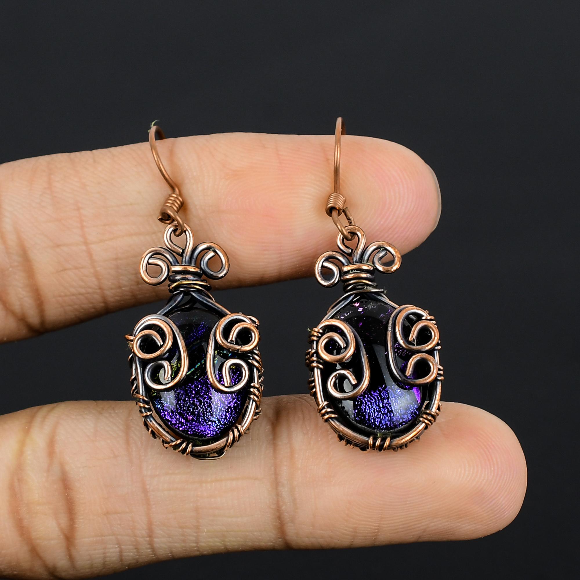 

Dico Glass Earrings Gemstone Jewelry, 999 Copper Wire Wrapped Earrings, Handmade Beautiful Jewelry Earrings 2.55 Inches