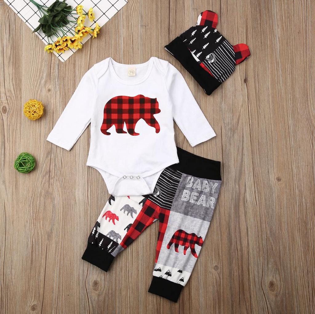3PCS Neugeborenen Baby Junge Mädchen Winter Kleidung Romper Hosen Hut Weihnachten Outfits