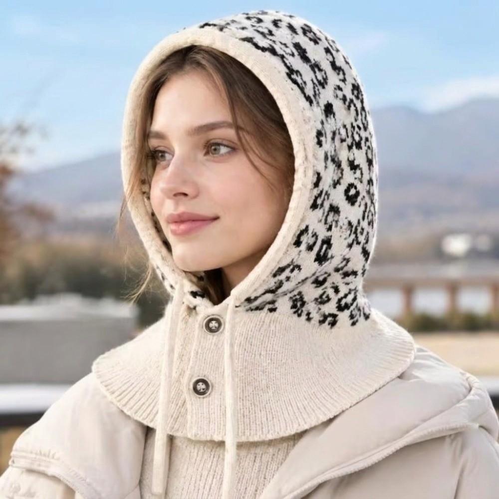 Warm Balaclava Hat Leopard Print Knitted Hooded Cap Fashion Ear Protection Hat Winter/Autumn