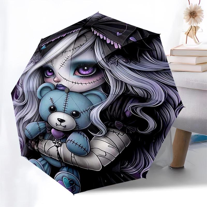 Gothic Doll, Teddy Bear Themed Automatic Opening and Closing Umbrella, Compact Travel Umbrella, Lightweight and Portable, Suitable for Beach