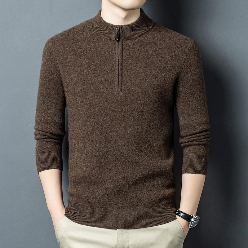2025 Men's High-Grade Yak Wool Zipper Sweater - Solid Color, Autumn/Winter Knit Base Layer