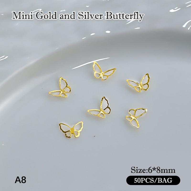 50 Pièces Alliage Creux Papillon Décoration Nail Art Or Argent Métal Charms Papillon pour Ongles DIY Saint-Valentin Pièces Papillon