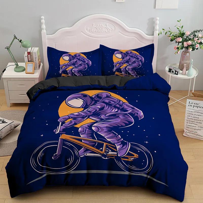 Astronaut King Queen Duvet Cover Space Cycling Bedding Set Cartoon Universe Comforter Cover Galaxy 2/3Pcs Polyester Quilt Cover