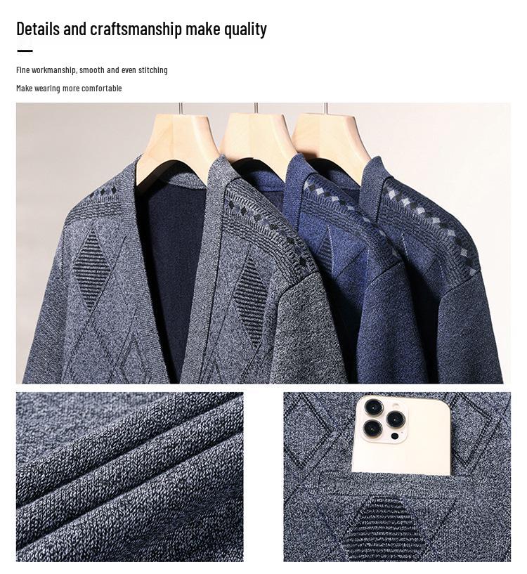 Men's V-Neck Jacquard Sweater Coat - Plus Velvet Knitted Cardigan for Autumn/Winter