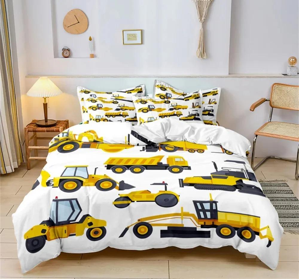 Cartoon Car Bedding Set Construction Vehicles Comforter Cover 3pcs Kids Machinery Truck Soft Polyester Duvet Cover for Boys Gift