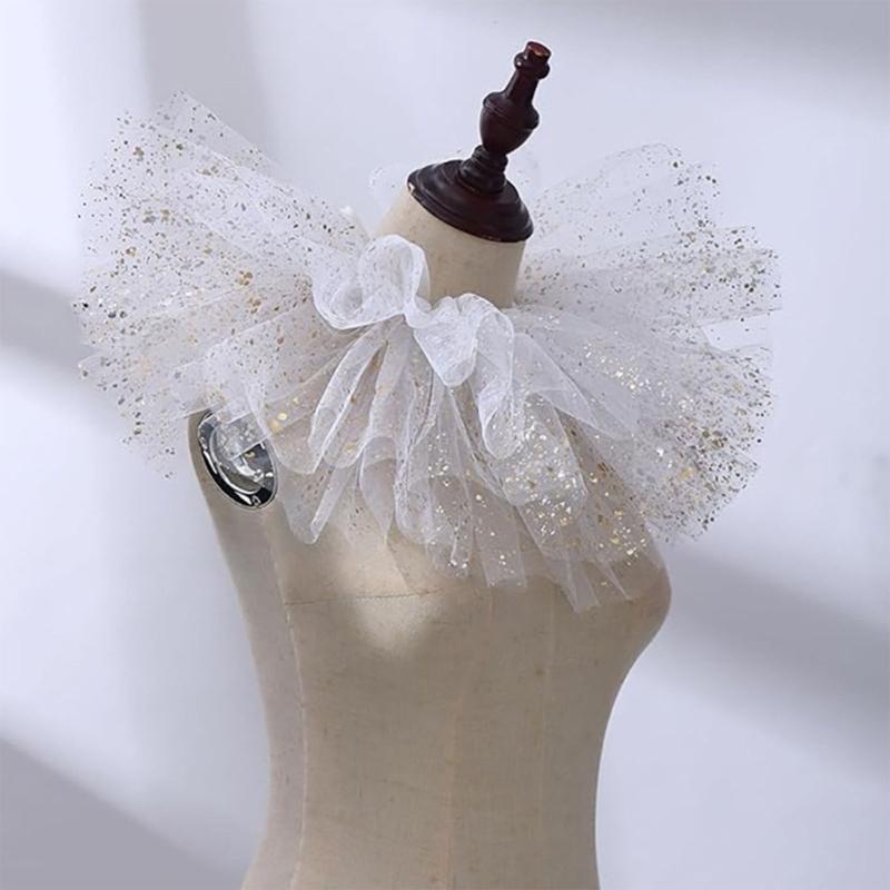 Elegant Victorian Metallic Foil Ruffled Tulle Faux Collar Shawl Detachable Layered Mesh Neck Ruff Clown Cosplay Choker