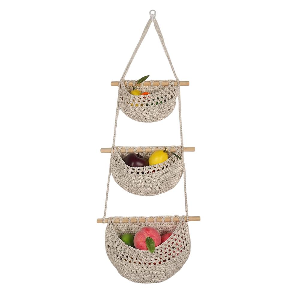 1PCS Hanging Fruit Baskets For Kitchen 3 Tier Bohemian Wall Hanging Basket Handwoven Teardrop Hanging Baskets For Organizing