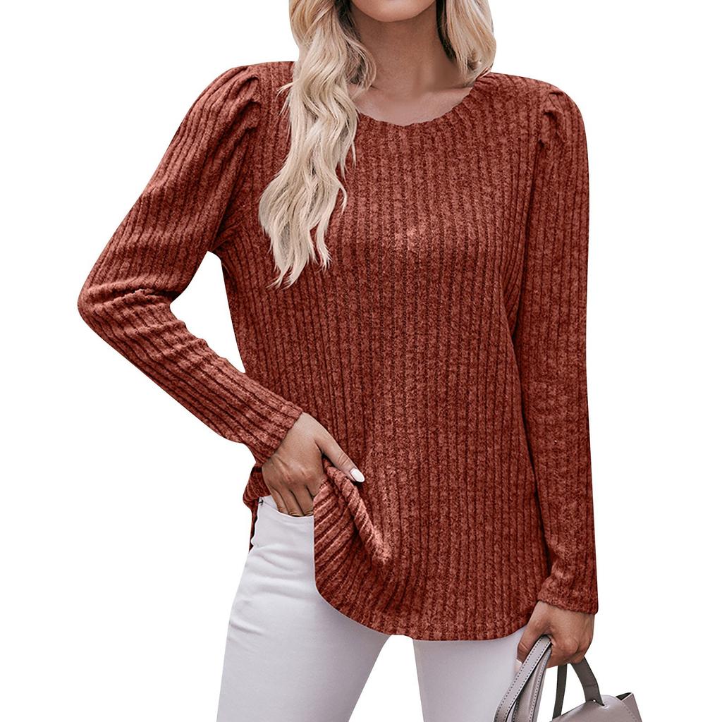 Women's Winter Tops Long Sleeve T-Shirt Round Neck Solid Color Fashion Button Tops