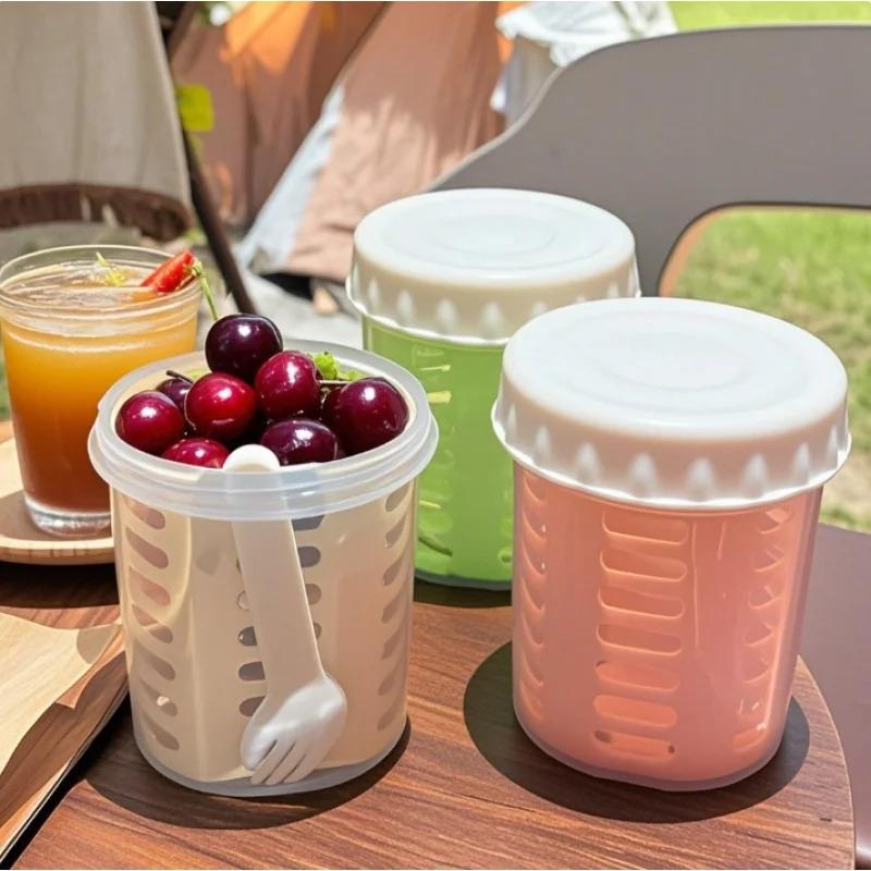 Outdoor Anti Drop Fruit Cup, Portable Double-Layer With Drain And Fork, Breakfast Salad Cup, Outdoor Picnic Fruit Cup, Oat Cup