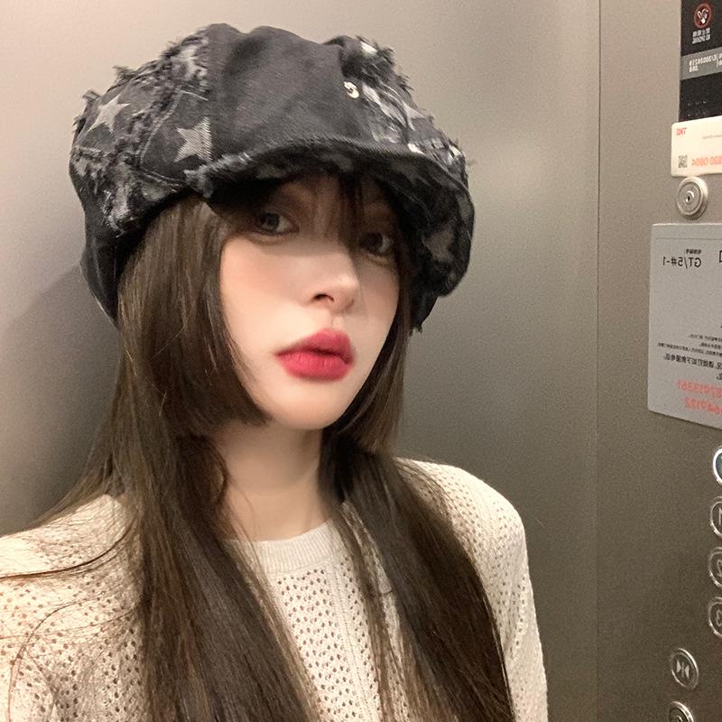 Rough Star Black Beret Women'S Autumn And Winter Niche Big Head Circumference Cowboy Octagonal Hat Showing Face Small Bud Hat Tide