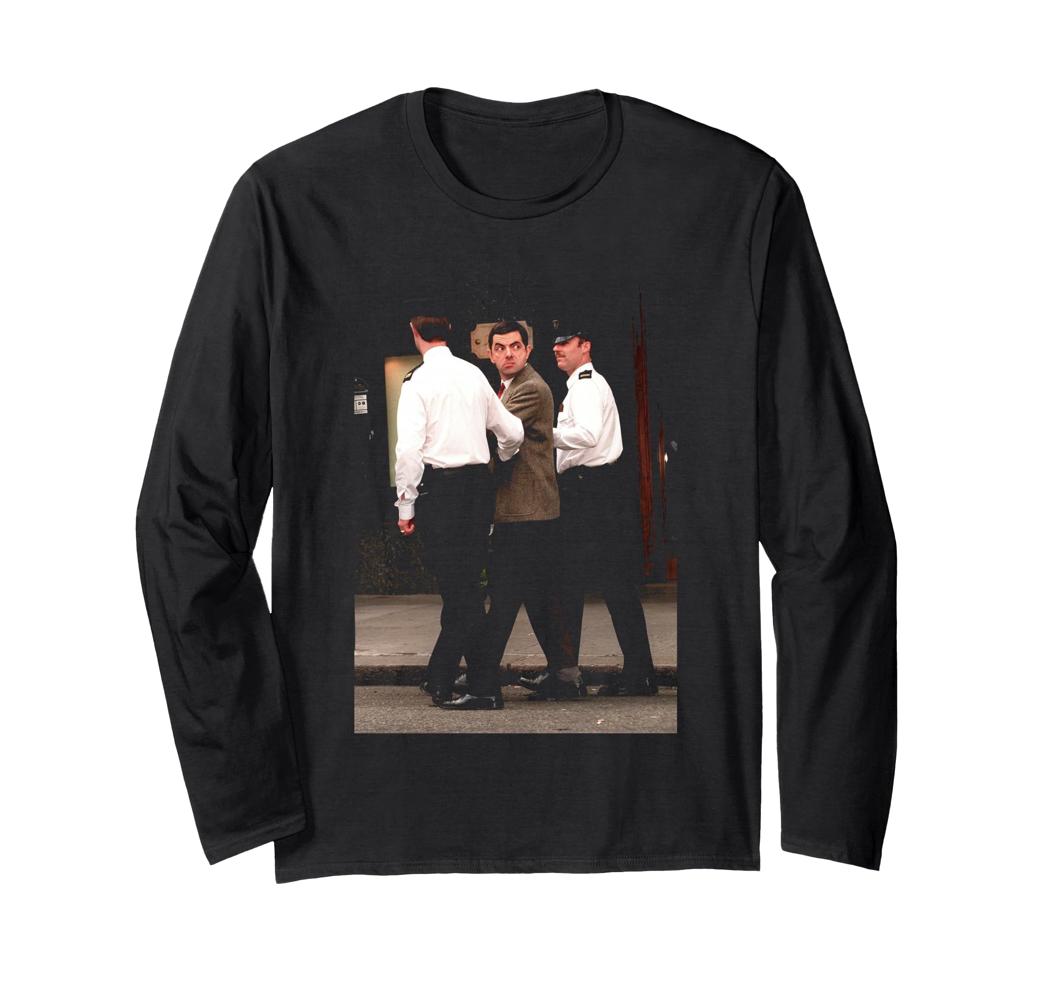 Rowan Atkinson, arrested during the filming of Mr. Bean, 1996, long-sleeved T-shirt.