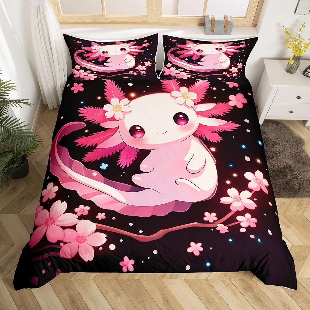 Cartoon Axolotl Duvet Cover Queen Twin Size Salamander Bedding Set for Kids Boys Girls Kawaii Sealife Creature Comforter Cover
