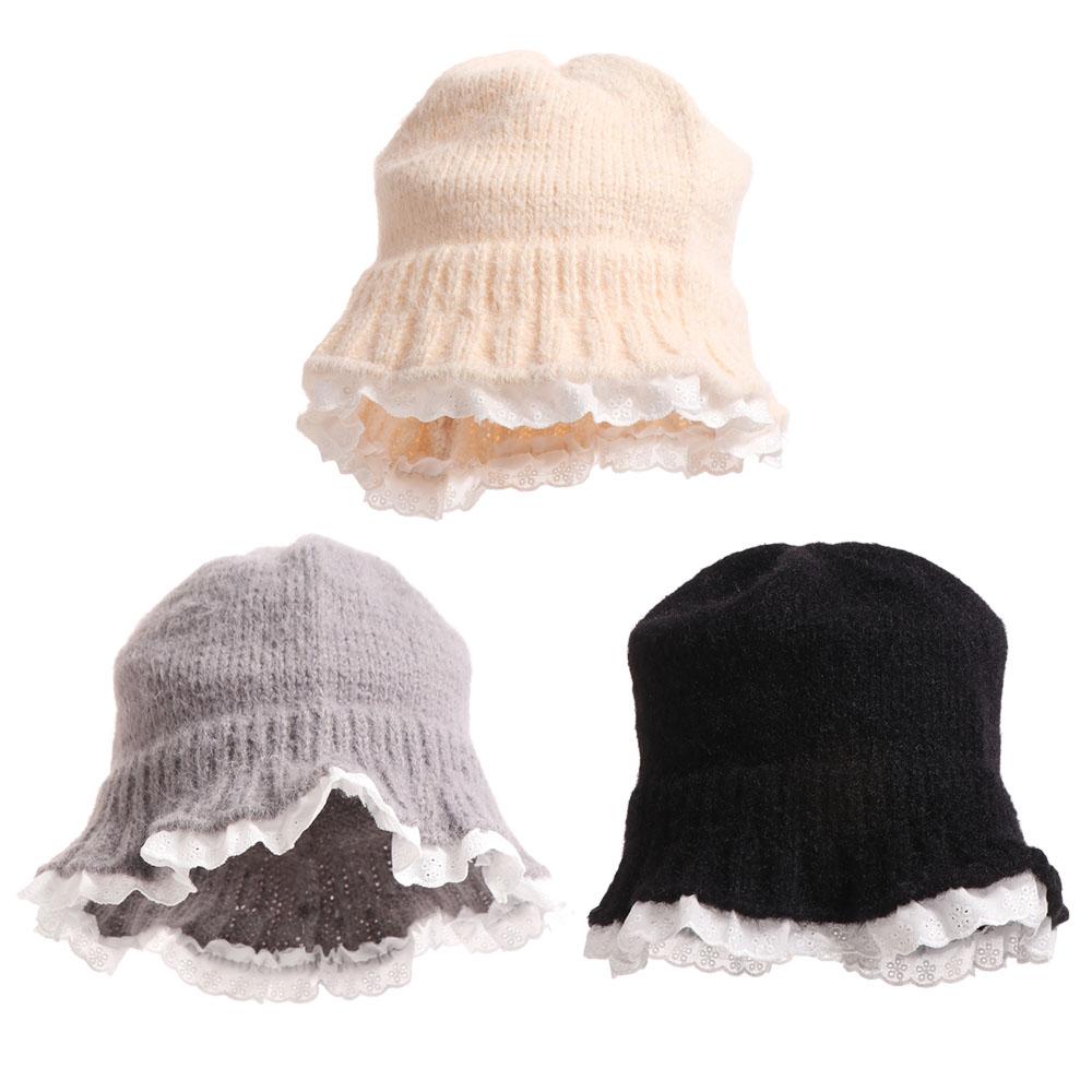 Lace Trim Women Bucket Hat Yarn Beanie Hat Sweet Knitted Fisherman Hat Girl