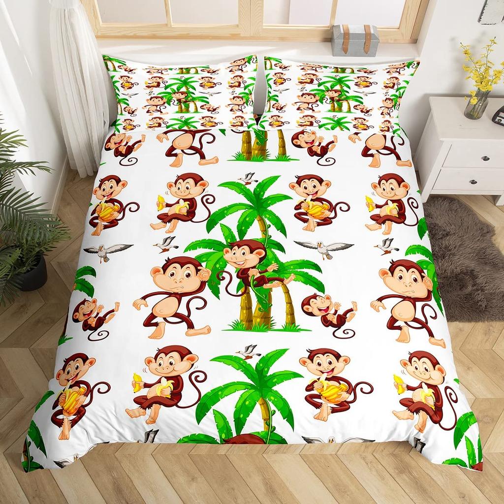 Cute Monkey Bedding Set Full Twin Cartoon Banana Stars Duvet Cover Tropical Wild Animal Fruit Comforter Cover Yellow Quilt Cover