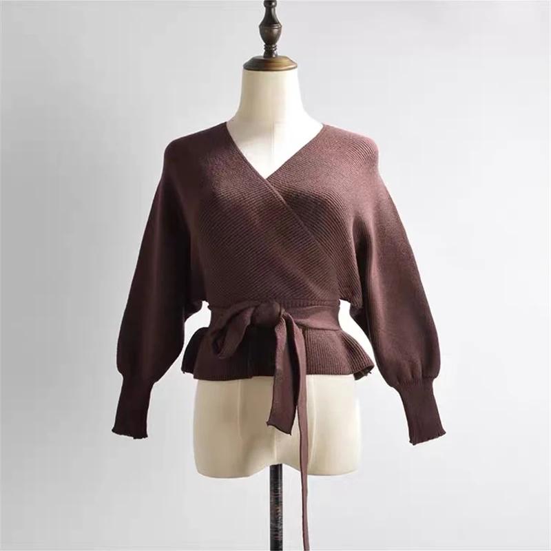

Офисные женские однотонные топы осень-зима сексуальный V-образный вырез на спине пуловер женский элегантный модный свитер свободная одежда 28267 One Size темно-коричневого