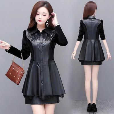 Dames Lange Mouwen Plus Size Middellange Pu Leer Windjack Splicing Bedrukt Slim Jacket