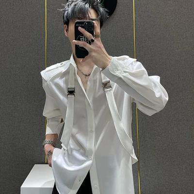 Men's White Oversized Shirt with Suspender Decoration Long-Sleeve Casual Top