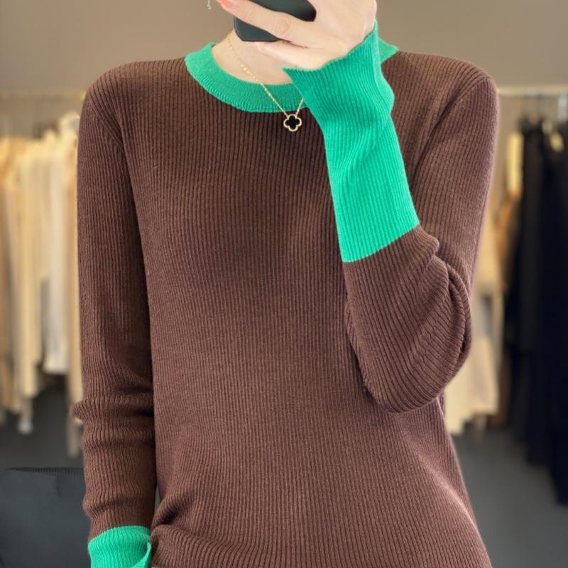 Spring and Autumn Slim Color Collision Round Neck Models Women's Fashion Commuter Style Knitwear Tops