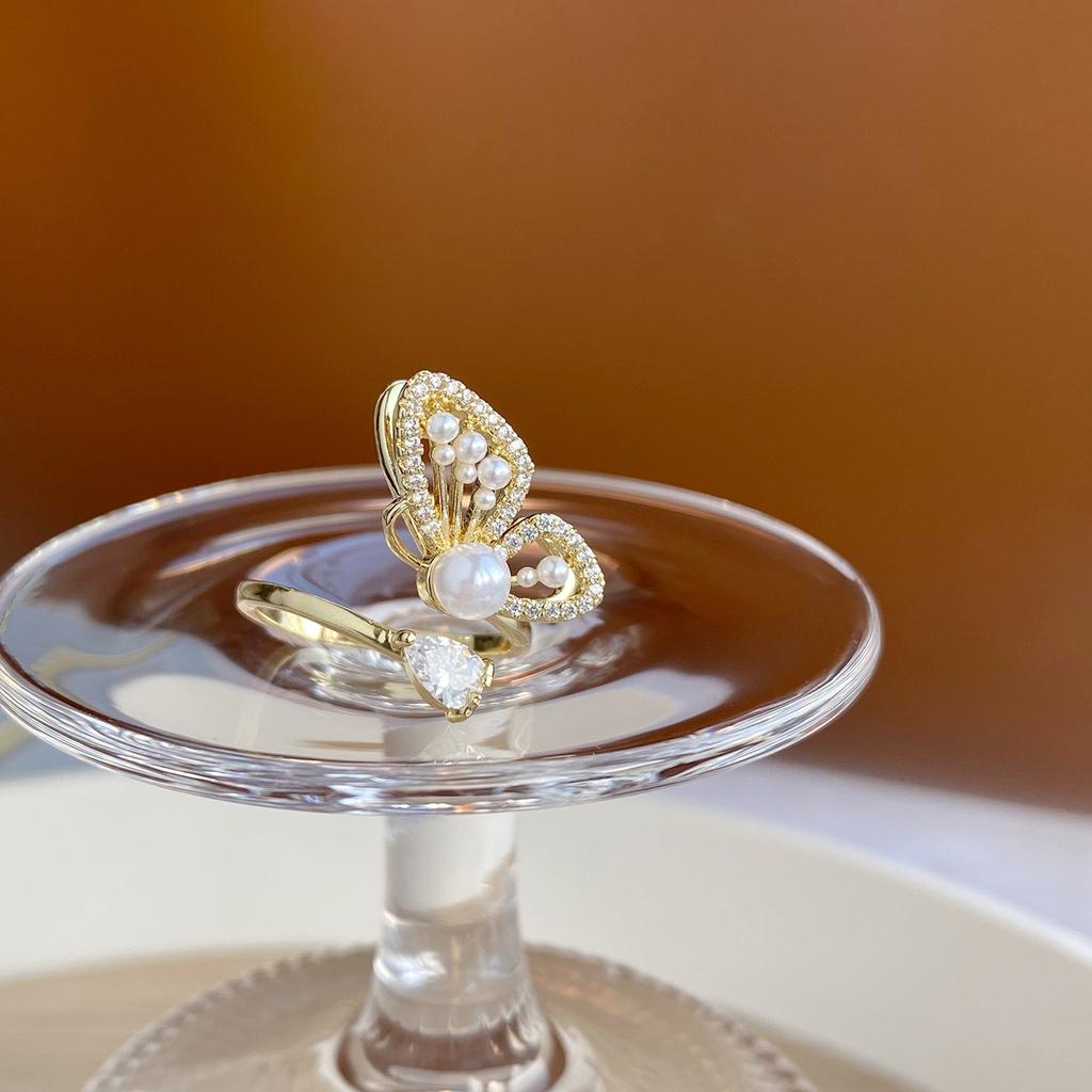Korea Fashion Jewelry 14K Real Gold AAA Zircon Pearl Butterfly Ring Elegant Opening Adjustable Women's Birthday Gift ring