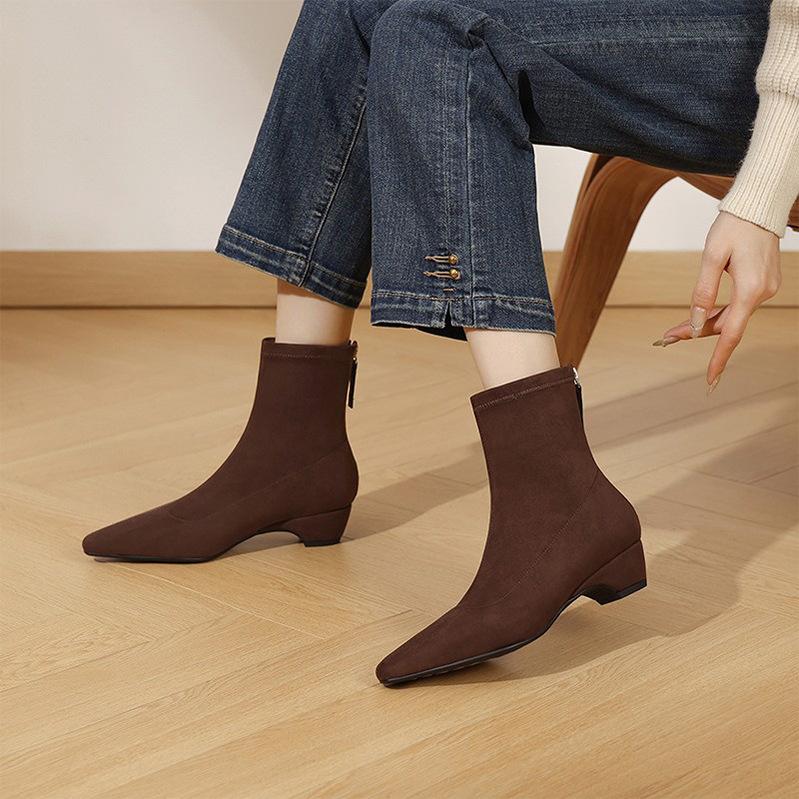 Wedge heel thick heel elastic thin boots women's autumn and winter new Korean version simple commuter short boots women's direct supply