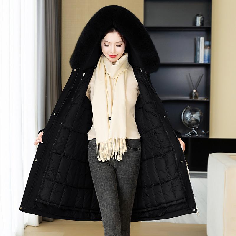 New Huoli Cotton Long Hoodie for Women, Thickened, Simple Detachable Lining, Slim Fit Cotton Jacket Trendy