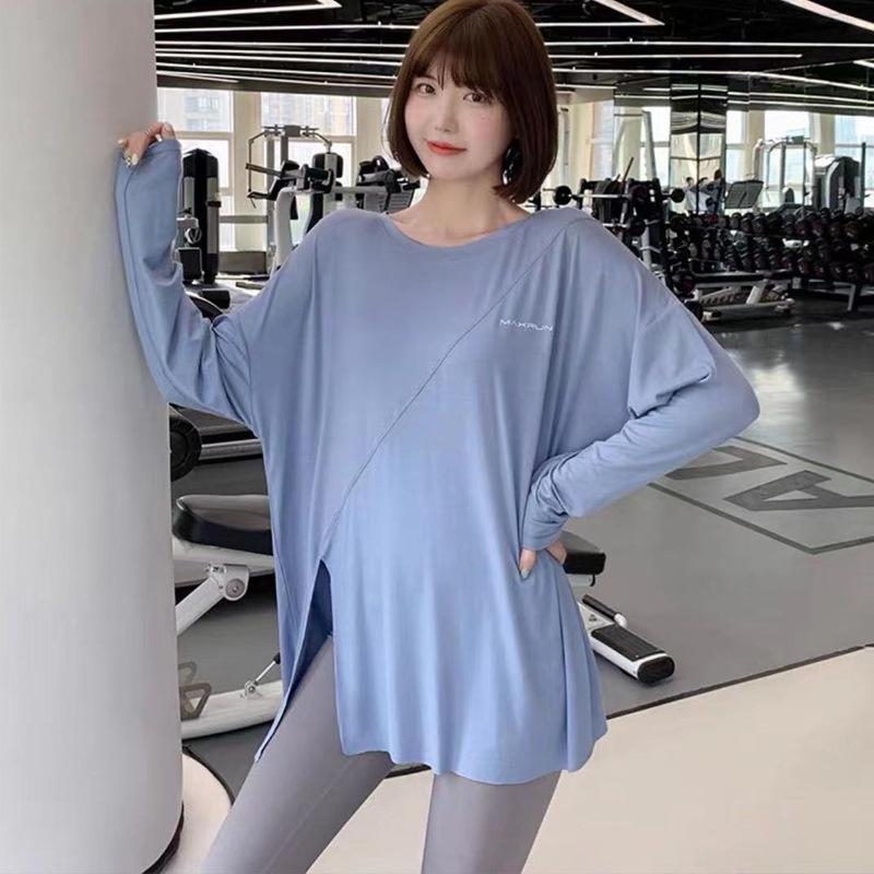 

Быстросохнущие женские топы для йоги и бега: Свободный крой, спортивный дизайн с разрезом, футболки для фитнеса больших размеров с длинным рукавом M for 75-100 kg