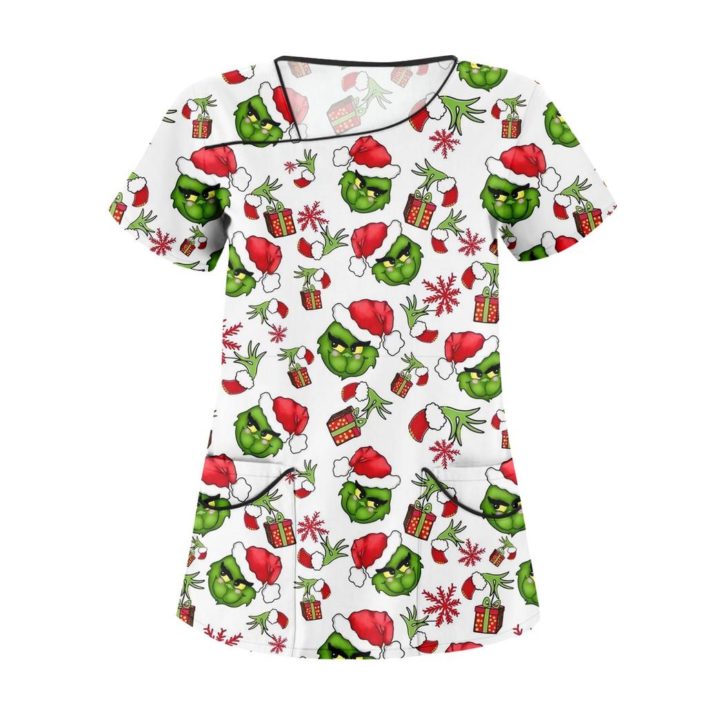 Dámské neformální vánoční kreslené pracovní oděvy s krátkým rukávem a dvojitými kapsami